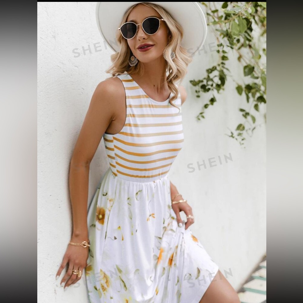Simplee Striped Floral Maxi Dress